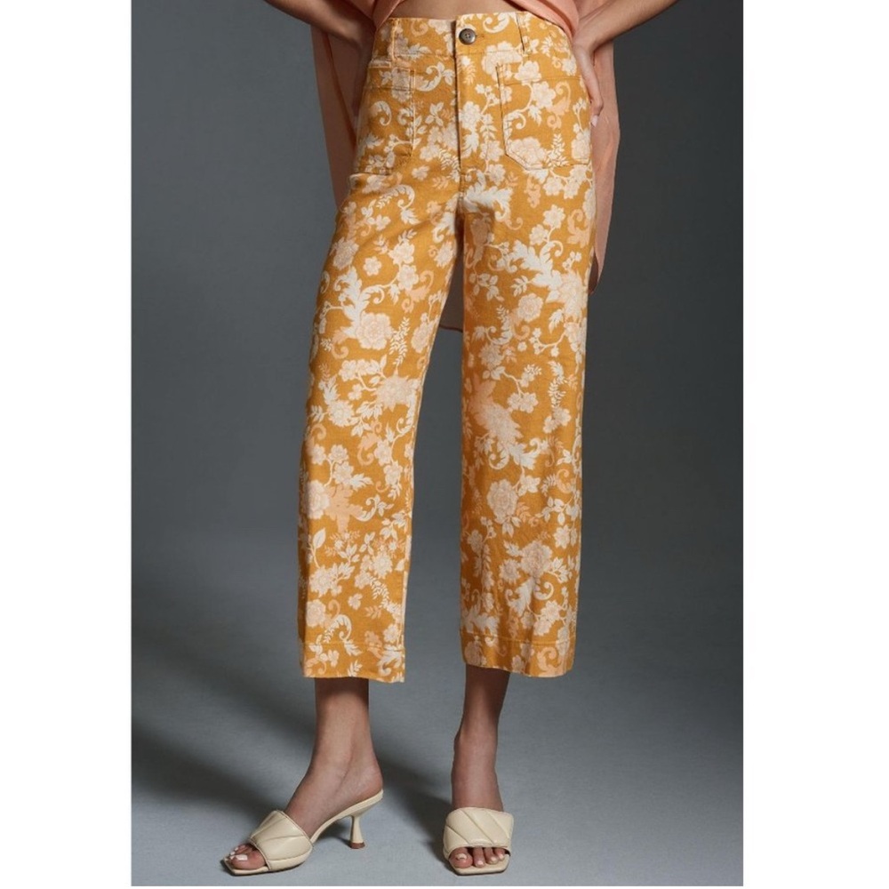 Anthropologie‎ Maeve The Colette Cropped Wide-Leg Linen Pants Maize Floral Sz 26